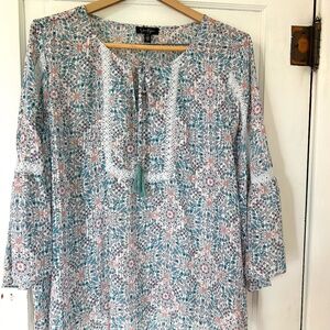 Jessica Simpson PLUS Teal Peach Paisley Boho Peasant Tunic Lace Blouse 2X